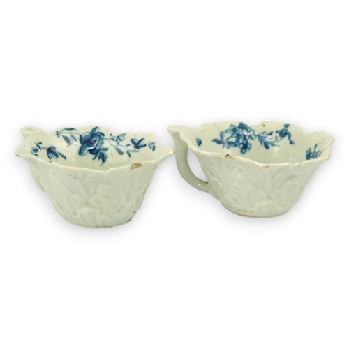 1407 - A pair of Worcester blue and white butterboats, c.1758-60, with differing blue and white decoration,... 