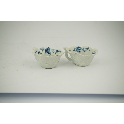 1407 - A pair of Worcester blue and white butterboats, c.1758-60, with differing blue and white decoration,... 