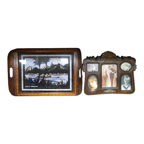 1411 - An Edwardian style multi photo frame and butterfly wing tray, 51cm wide. Condition - fair