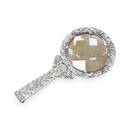 1412 - A Chinese white metal and pale celadon jade handled magnifying glass, early 20th century, stamped S... 