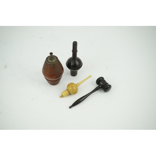 1414 - A 19th century coquilla nut powder flask, a hardwood cased ivorine hydrometer and a small ebony gave... 