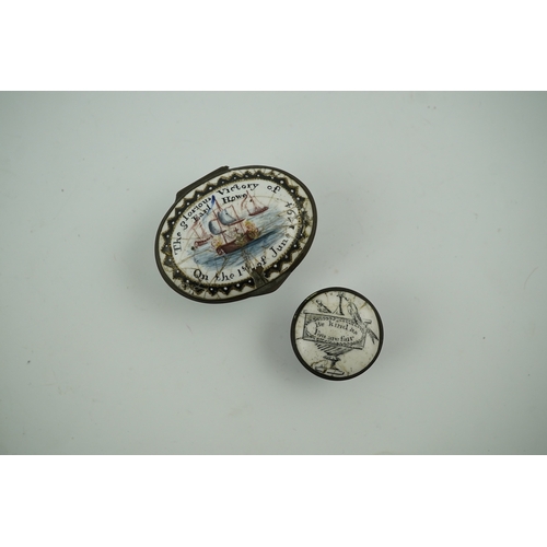 1421 - Two 18th century South Staffordshire enamel patch boxes, one inscribed 'The Glorious Victory, Earl H... 