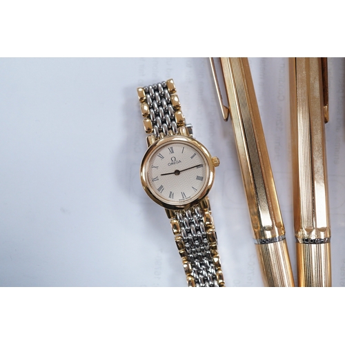 1430 - Sundry items comprising, four gold plated pens, cuff links, Omega lady's watch. Condition - fair to ... 