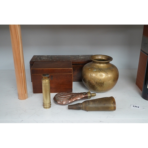 1435 - A 19th century inlaid rosewood 'Grabuge' box, a tea caddy, two shot flasks, telescope and brass bowl... 