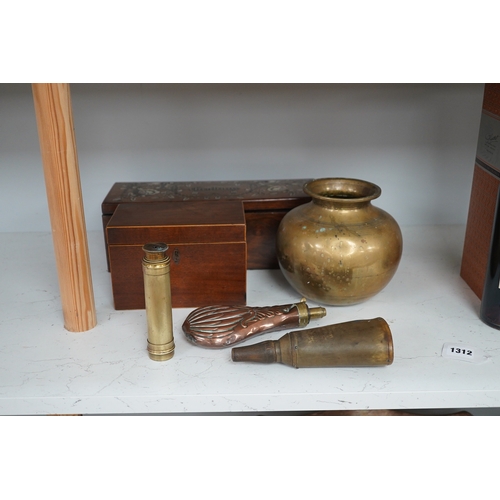 1435 - A 19th century inlaid rosewood 'Grabuge' box, a tea caddy, two shot flasks, telescope and brass bowl... 