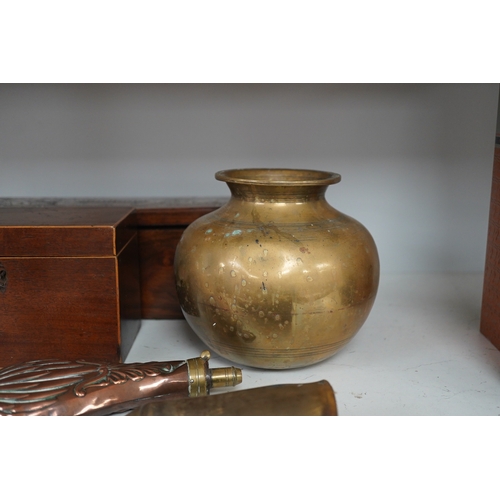 1435 - A 19th century inlaid rosewood 'Grabuge' box, a tea caddy, two shot flasks, telescope and brass bowl... 