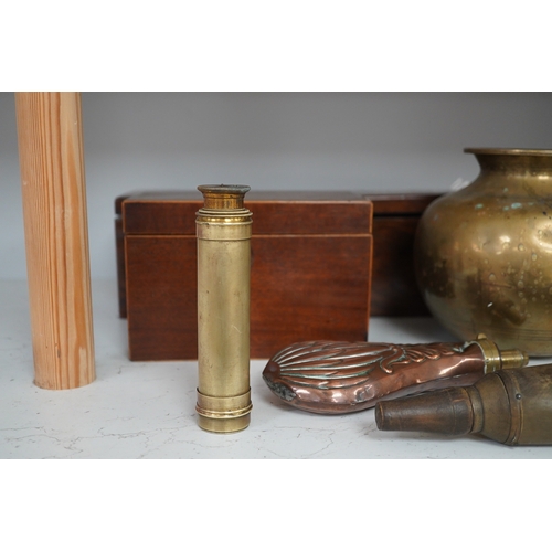 1435 - A 19th century inlaid rosewood 'Grabuge' box, a tea caddy, two shot flasks, telescope and brass bowl... 