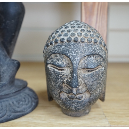 1436 - An Indian stone Buddha head and a figural carving, 29cm. Condition - figure repaired