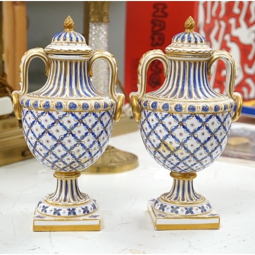 1445 - A pair of early 20th century Sevres style vases and covers, 21cm. Condition - good