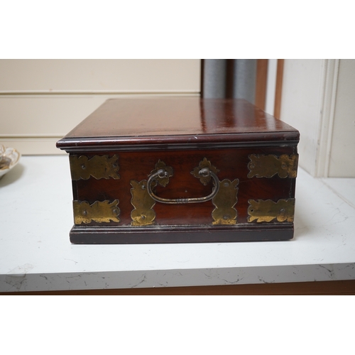 1460 - A late 18th century Indo-colonial brass mounted padouk wood casket, 43cm wide. Condition - good for ... 