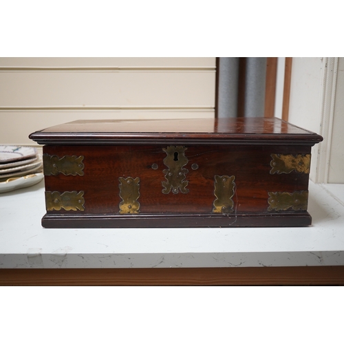 1460 - A late 18th century Indo-colonial brass mounted padouk wood casket, 43cm wide. Condition - good for ... 