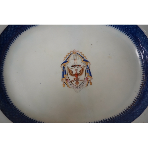 1461 - A late 18th century Chinese export armorial oval dish with Pro Virtute armorial, 37cm. Condition - r... 