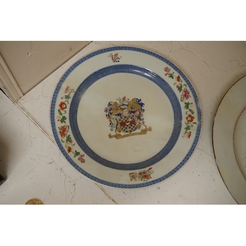 1462 - Two 18th century Chinese armorial dishes with arms of Way and Clifford, largest 35cm. Condition - bo... 