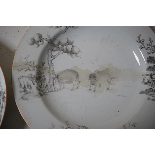 1466 - An 18th century Chinese plate and matching bowl decorated with a buffalo and fruit, largest 32cm in ... 