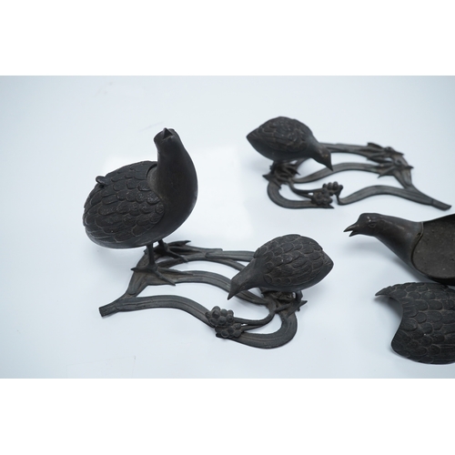 1472 - A pair of Japanese bronze quail incense burners, 12.5cm tall. Condition - one damaged