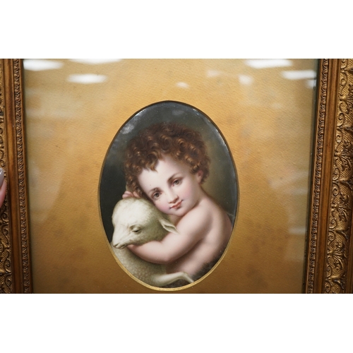 1474 - A German oval porcelain plaque with putto and lamb, possibly KPM, ornately gilt framed, overall 39 x... 