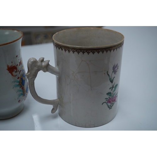 1475 - Three 18th century Chinese export armorial mugs, largest 14cm high. Condition - all restored