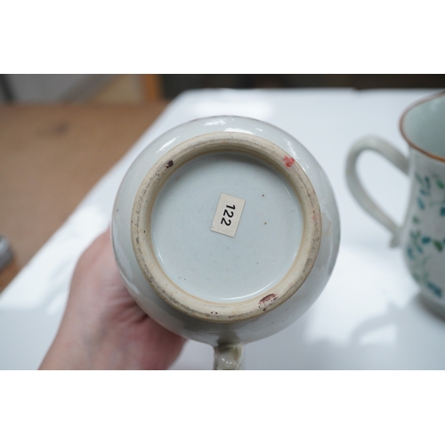 1475 - Three 18th century Chinese export armorial mugs, largest 14cm high. Condition - all restored