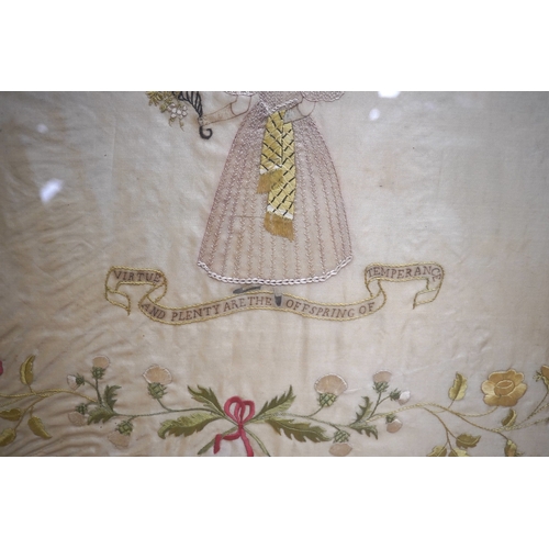 1500 - A mid 20th century, appliqué on silk 19th century lady walking in a classical garden by lake (possib... 