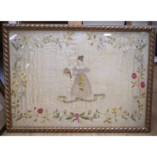 1500 - A mid 20th century, appliqué on silk 19th century lady walking in a classical garden by lake (possib... 