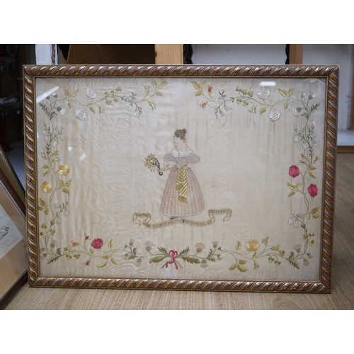 1500 - A mid 20th century, appliqué on silk 19th century lady walking in a classical garden by lake (possib... 