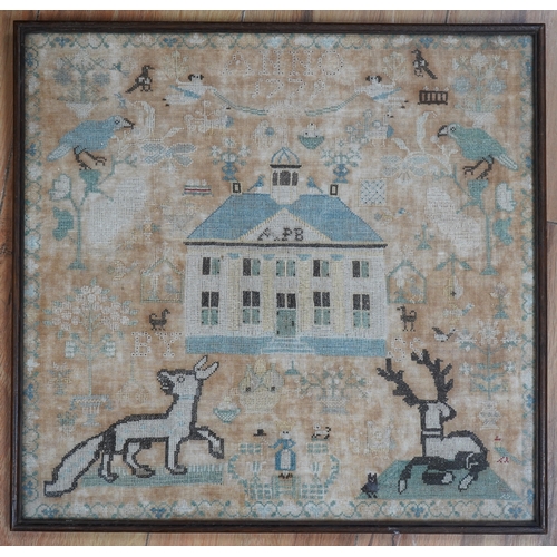 1502 - A framed 18th century sampler, dated 1779 by SS., worked in fine cross stitch with motifs of angels,... 