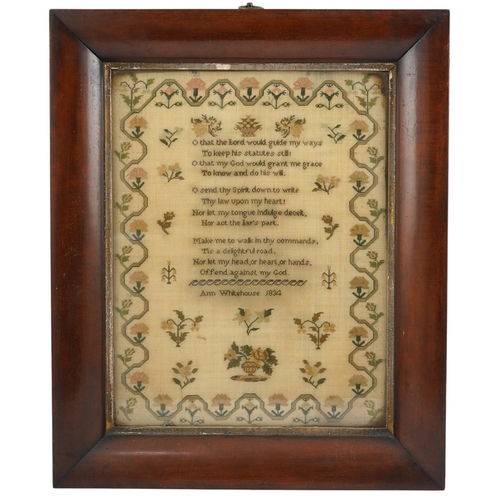 1503 - A wide mahogany framed sampler by Ann Whitehouse dated 1834, worked in coloured silks on a fine line... 