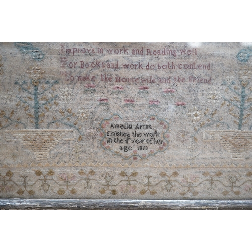 1504 - A gilt framed finely worked Regency gauze sampler, by Amelia Artus, aged 8 years, dated 1813, worked... 