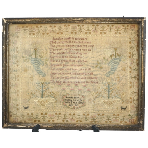 1504 - A gilt framed finely worked Regency gauze sampler, by Amelia Artus, aged 8 years, dated 1813, worked... 