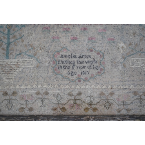 1504 - A gilt framed finely worked Regency gauze sampler, by Amelia Artus, aged 8 years, dated 1813, worked... 