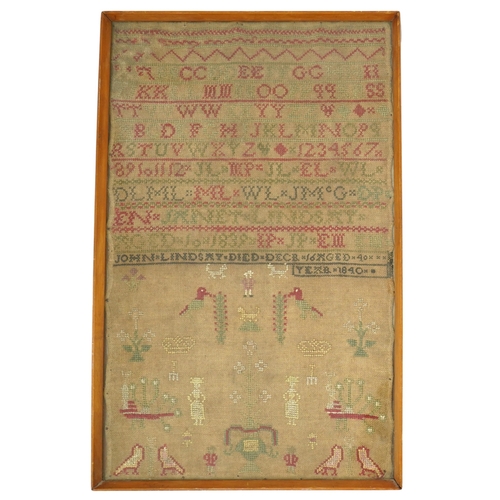 1505 - An alphabet cross stitch sampler with a figurative lower spot motif panel and commemorative dedicati... 