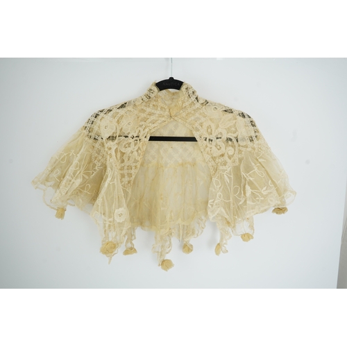 1507 - An Edwardian high collared cream tape lace wedding over blouse, made with a deep net frill and cream... 