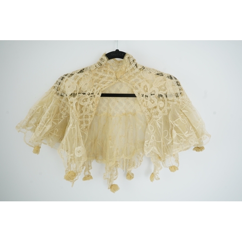 1507 - An Edwardian high collared cream tape lace wedding over blouse, made with a deep net frill and cream... 