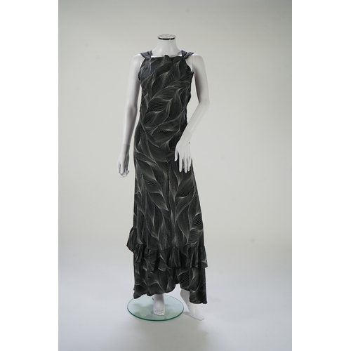 1510 - A 1930's black and silver halter neck, bias cut, ladies silk evening dress, designed with a loosely ... 