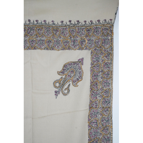 1513 - A 20th century ladies mushroom coloured Kashmiri black, yellow and grey silk embroidered stole, with... 