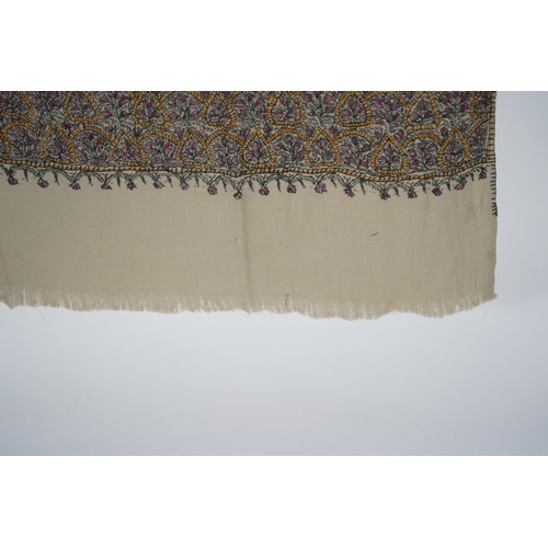 1513 - A 20th century ladies mushroom coloured Kashmiri black, yellow and grey silk embroidered stole, with... 