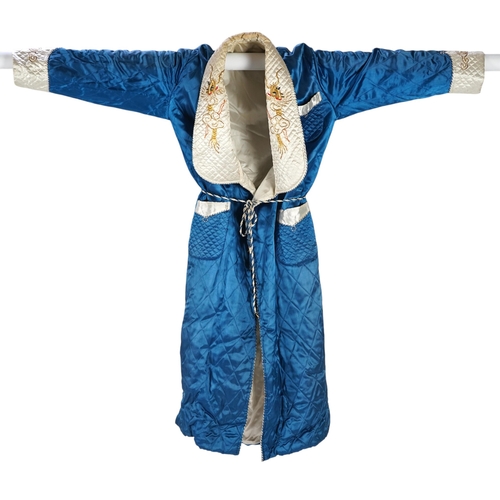 1515 - A mid 20th century Royal blue satin gentlemans smoking jacket and matching dressing gown with Chine... 