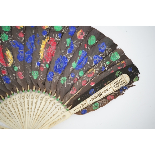 1532 - Three 19th century Chinese feather fans: One a carved bone brise black feather fan together with two... 