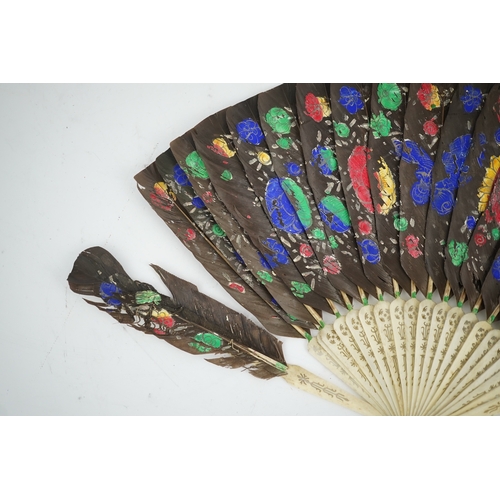 1532 - Three 19th century Chinese feather fans: One a carved bone brise black feather fan together with two... 