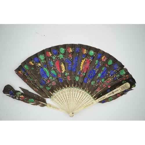 1532 - Three 19th century Chinese feather fans: One a carved bone brise black feather fan together with two... 