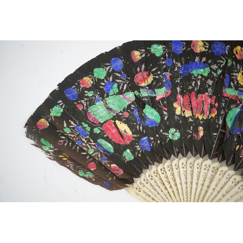 1532 - Three 19th century Chinese feather fans: One a carved bone brise black feather fan together with two... 