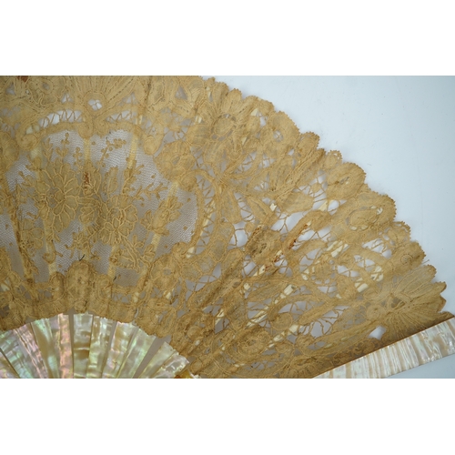 1539 - Three novelty fans with a mixed Brussels lace fan and black lace fan, a small language of love in fl... 