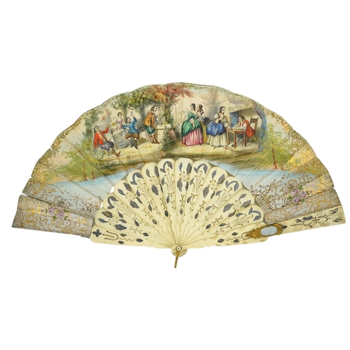 1540 - Three French fans: a mother of pearl and sequin fan boxed, a painted silk, feather and bone fan and ... 