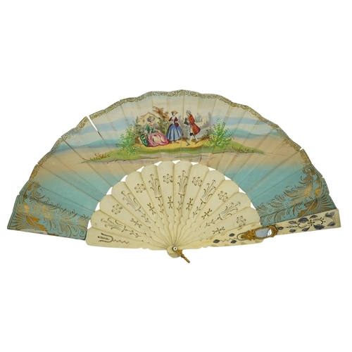 1540 - Three French fans: a mother of pearl and sequin fan boxed, a painted silk, feather and bone fan and ... 