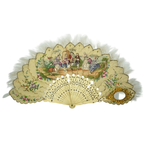 1540 - Three French fans: a mother of pearl and sequin fan boxed, a painted silk, feather and bone fan and ... 