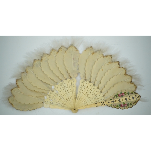 1540 - Three French fans: a mother of pearl and sequin fan boxed, a painted silk, feather and bone fan and ... 