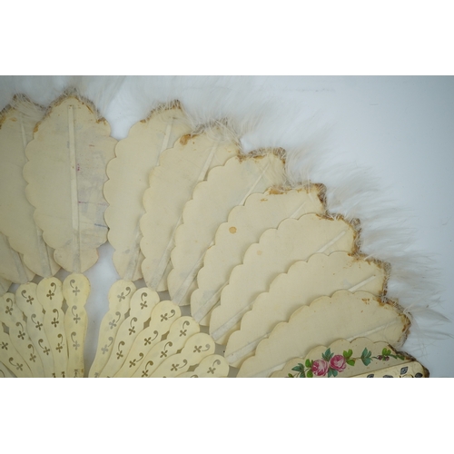 1540 - Three French fans: a mother of pearl and sequin fan boxed, a painted silk, feather and bone fan and ... 