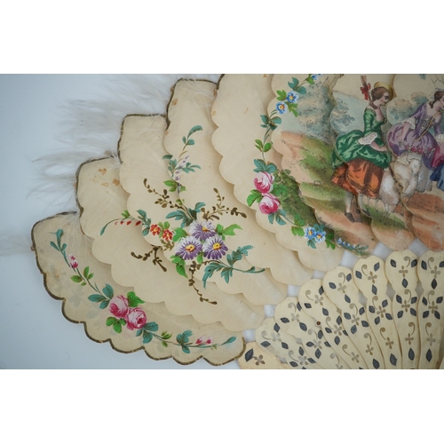 1540 - Three French fans: a mother of pearl and sequin fan boxed, a painted silk, feather and bone fan and ... 