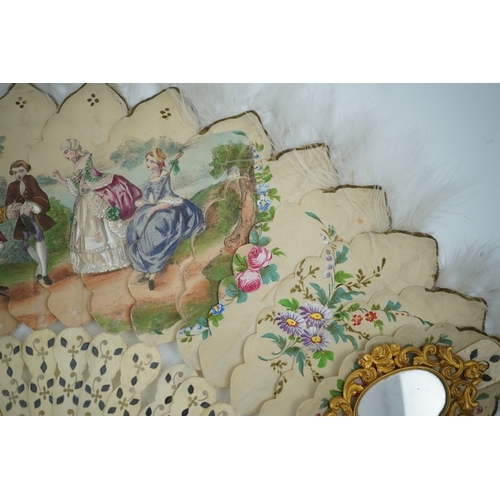 1540 - Three French fans: a mother of pearl and sequin fan boxed, a painted silk, feather and bone fan and ... 