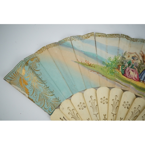 1540 - Three French fans: a mother of pearl and sequin fan boxed, a painted silk, feather and bone fan and ... 